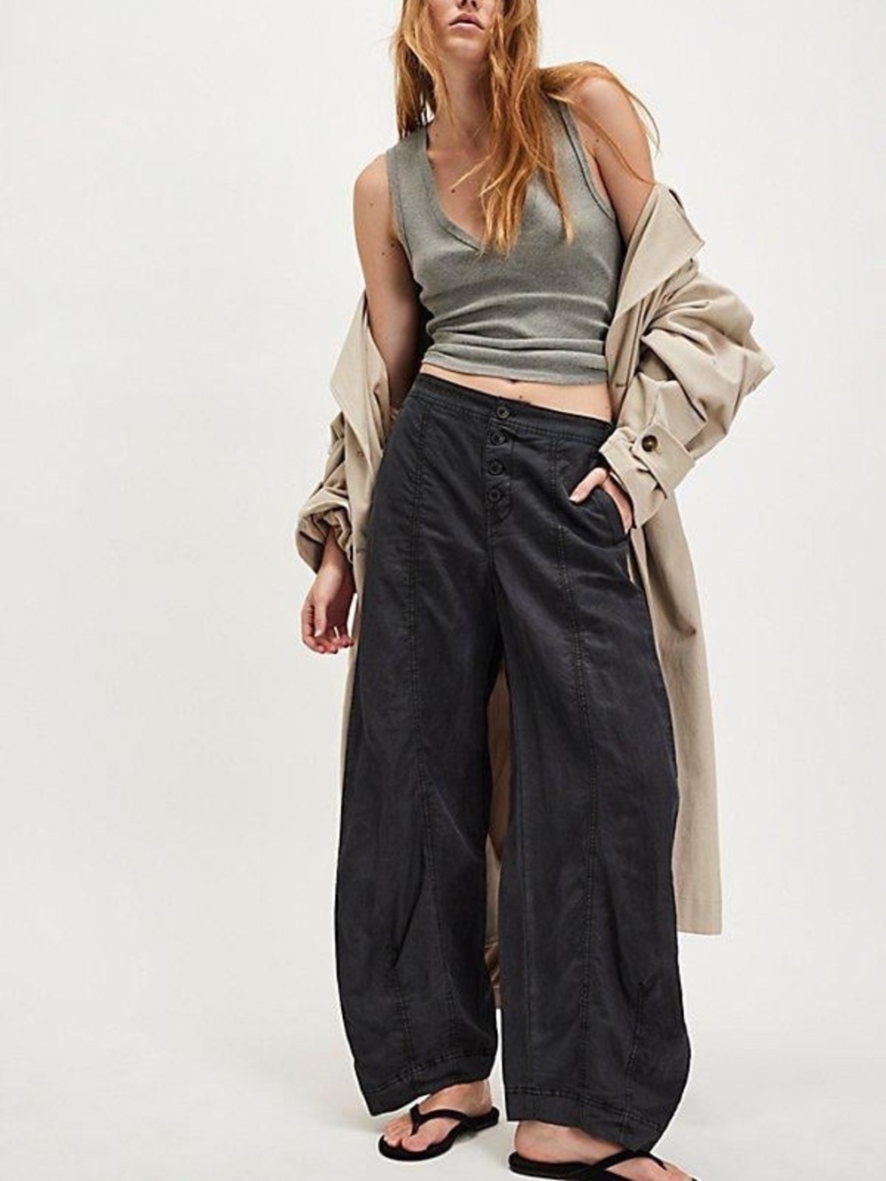 Free People Washed Black High-Waist Barrel Leg Button Pants